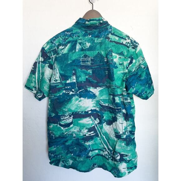 Columbia Button Down Short Sleeve Shirt Rapid Rivers Printed Large Green Blue - Picture 2 of 6